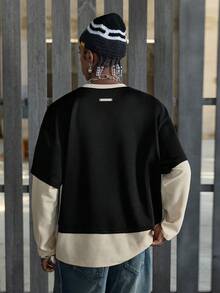 NEON BLANC T-shirt à manches longues 2 en 1 pour hommes, design blocs de couleurs avec panneau à motif gaufré, impression cool de lettre 915 streetwear - Multicolore - Voir 3