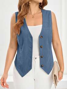 EMERY ROSE Blazer minimalista de talla grande con cuello en V sin mangas, de un solo color y con botones delanteros - Neblina azul - Ver 3