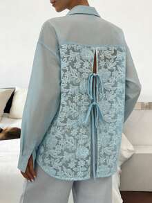 INAWLY Women's Loose Casual Shacket With Embroidered Fabric, Tie-Back Bowknot Design - Blue - View 2