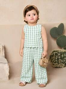 LMoss Kids Baby Girl Cute Plaid Sleeveless Top And Pants Set, Summer - Green - View 6