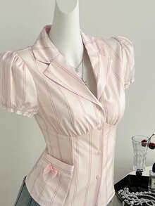 Elamini Áo sơ mi nữ tay ngắn màu hồng kẻ sọc, có nơ và túi, kiểu dáng thường ngày, thích hợp cho mùa xuân/hè. - Màu Hồng baby - Xem 6