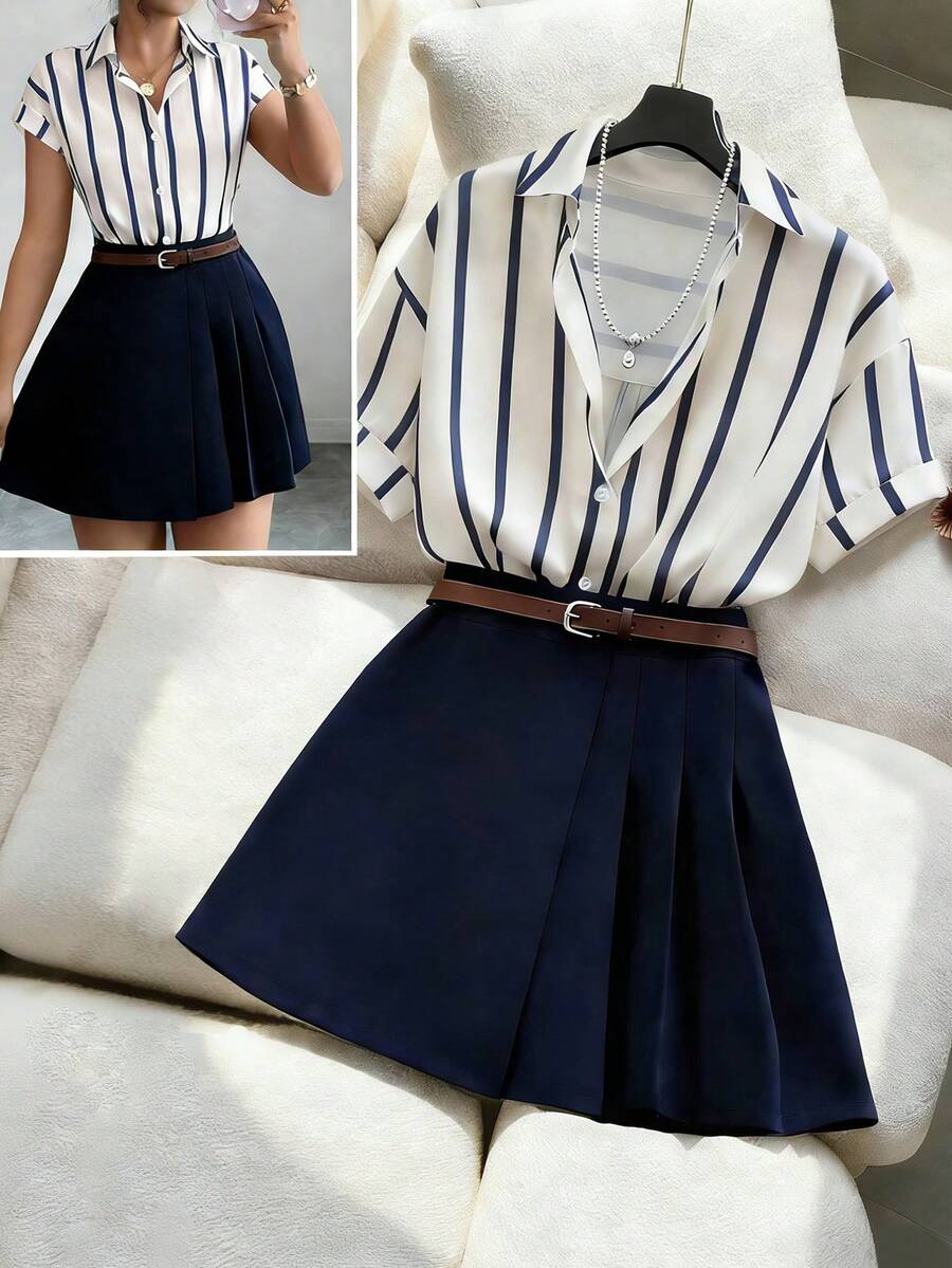 GlowEve Women's Striped Fabric Collared Short Sleeve Loose Top Shirt Paired With Asymmetric Pleated Mini Skirt 2 Pieces Set - Blue and White - View 1