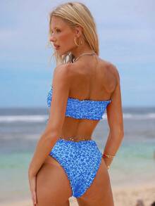 Swim Mod Women's Summer New Sexy Minimalist Floral Print Tie-Up Backless Bikini Set, Suitable For Beach Vacation - Blue - View 2
