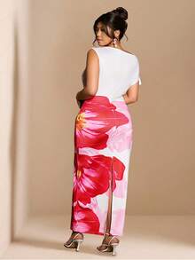 Cravure Spring/Summer Ombre Floral Placement Print Asymmetric Shoulder Bowknot Waist Fitted Long Dress, Elegant & Sophisticated, Suitable For Work, Casual Wear, And Special Occasions - Multicolor - View 2