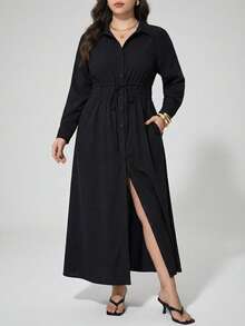 Maija Plus Size Women's Black Long Sleeve Shirt Dress,Autumn Smart Casual Button Up Maxi Dress,Elegant Fashionable Vacation Outfit,Spring Simple Daily Wear - Black - View 6