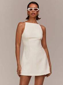 COSMINA 女士杏色无袖露背迷你A字连衣裙，休闲度假通勤时尚优雅Y2K简约纯色短款连衣裙 - 杏色 - 查看 3