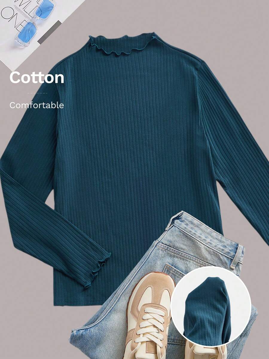 SHEIN EZwear 水鸭蓝色罗纹针织立领长袖 T 恤，加大码 - 水鴨藍 - 查看 1