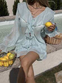 DAZY Women's Summer Vacation Ruffle Trim Sheer Blouse & Shorts 2 Pieces Set - Blue - View 2