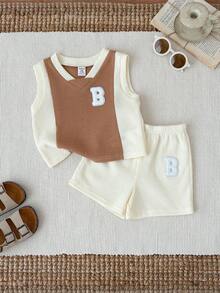 SHEIN 2pcs Baby Boy/Girl Letter Print Contrast Color Knit Soft Round Neck Raglan Sleeve Pullover Top And Elastic Waist Shorts Set,Kids - Multicolor - View 7