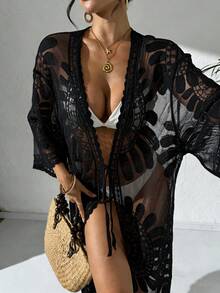 Swim Vcay Kimono Longo Transparente com Bordado Floral Feminino, Estilo Resort de Praia, Primavera/Verão - Preto - Visão 4