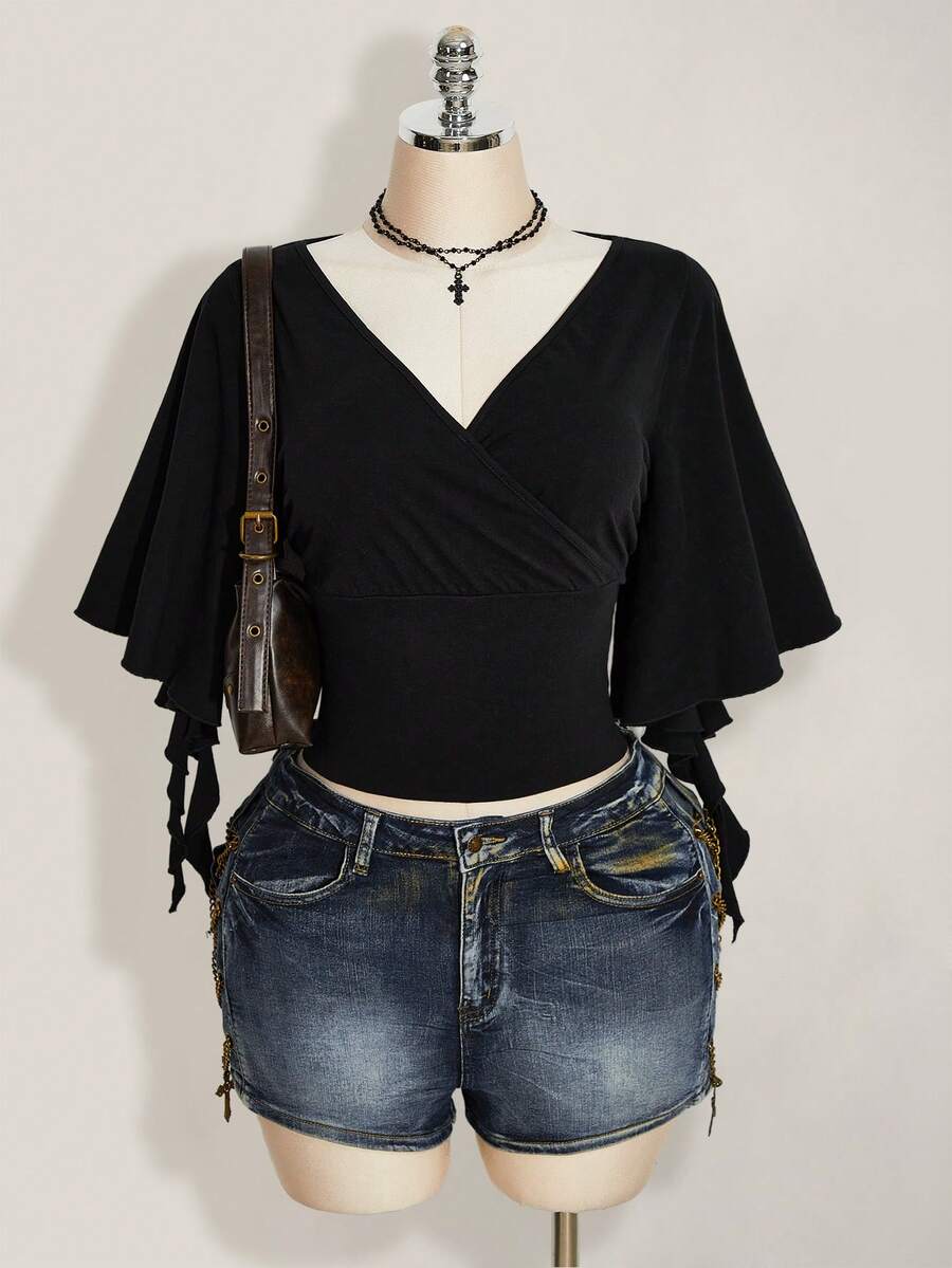 SHEIN ICON Women's Plus Size V-Neck Ruffle Sleeve Black T-Shirt - Black - View 1