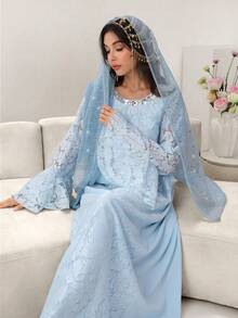 Yasmyna Elegantes Damen Kleid im arabischen Stil mit Spitze, Perlen und Glockenärmeln, Blau, Frühling/Sommer - Blau - Übersicht 4