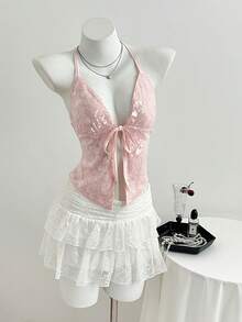 Elamini Women's Beaded Tie-Back Sexy Backless Blouse, Suitable For Parties - Pink - View 1