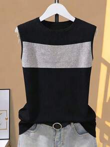 Franclia Women's Fitted Contrast Color Splice Low Neck Tank Top, Spring/Summer - Black - View 2