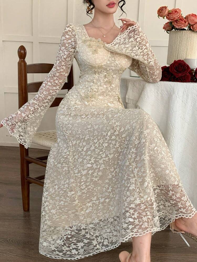 Women's Floral Textured White Elegant Long Sleeve Dress Wedding Guest Dress