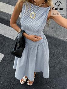 Siren Gaze 女士条纹无袖中长连衣裙 舒适夏季A字摆裙 时尚女士白蓝条纹无袖长裙 浅蓝色长裙 条纹长裙 夏季优雅连衣裙 休闲长裙 - 藍白色 - 查看 1