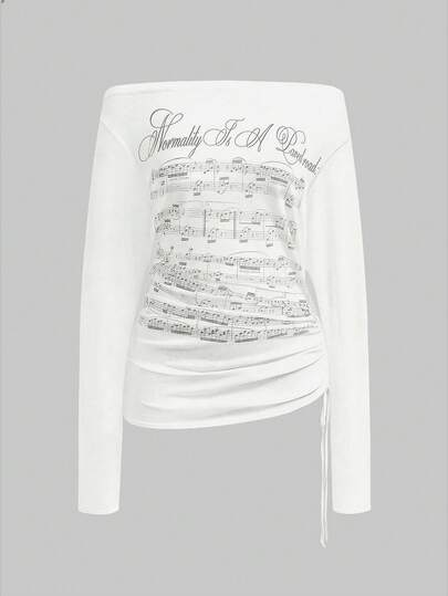ROMWE Avant Millennium Y2K Vintage Piano Note Music Score Print Off-Shoulder Semi-Sheer Plus Size Women Top