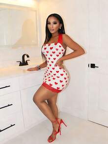 BamGleam Vestido Curto Sexy de Alça Fina com Estampa de Coração Romântico do Dia dos Namorados, Design de Recorte com Bainha de Renda para Festa de Ano Novo para Mulheres - Branco - Visão 6