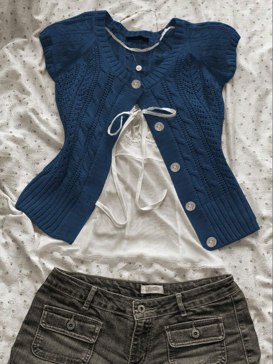 Franclia New Vintage Hollow Out Cable Knit Front Button Cardigan - Royal Blue - View 1