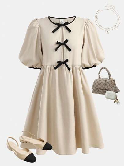 SHEIN Girlism Teen Girls Apricot Color Block Butterfly Decor Round Neck Casual Dress, Elegant , Suitable For Daily Wear