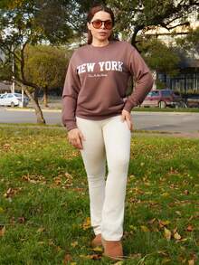 Lupita Cardoza Women's Autumn Winter Letter Print Dropped Shoulder Crew Neck Loose Casual Sweatshirt,Long Sleeve Tops - Redwood - View 6