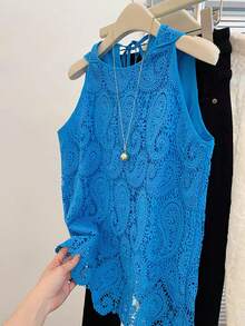 Resyla Women's Summer Casual Vacation Water-Soluble Lace Tie Back Blouse - Blue - View 4