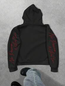 Manfinity EMRG 男士自由女神像及标语图案连帽衫，美式街头风格，男士冬季街头连帽卫衣 - 黑色 - 查看 2