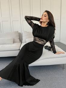 Modelyn Vestido de manga larga ajustado con cuello redondo, encaje, parches, pliegues y bajo de cola de sirena vintage para mujeres - Negro - Ver 7