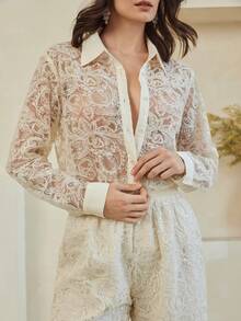 Dazy-Less 春夏优雅蕾丝两件套，休闲衬衫上衣搭配直筒裤，通勤装，复古富贵风 - 米色 - 查看 5