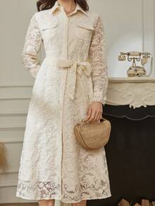 DAZY Elegant White Lace Long Dress, Slim Fit, Suitable For Spring, Summer, Valentine's Day, Party, Commuting Sundress - White - View 2