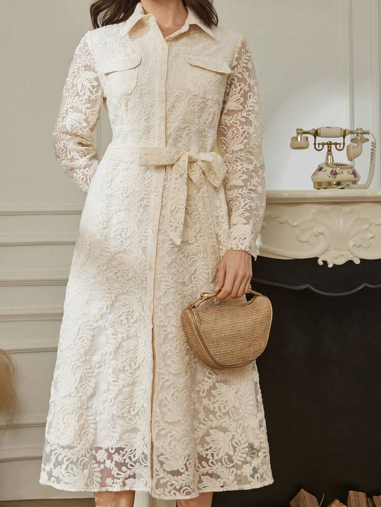 Elegant White Lace Long Dress, Slim Fit, Suitable For Spring, Summer, Valentine's Day, Party, Commuting Sundress