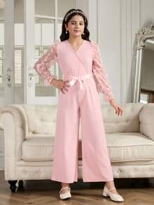 Girls' Elegant Lace Mesh Long Sleeve Jumpsuit, Suitable For Party, Gathering, Outing - Pink - View 5