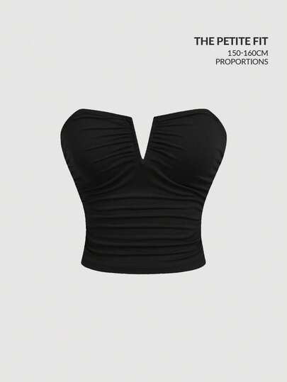 SHEIN MOD Fit For The 150-160cm,Petite Perfect,Designed For Petites,Women's Black Deep V Neck Ruched Camisole Top,Spring/Summer Outfits,Carnival Costume,Party Top,Beach ,Going Out Tops,Vacation Outfits ,Casual ,Y2k