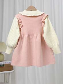SHEIN Young Girl Oversized Casual & Comfortable Contrast Color Ruffle Collar Bow Decor Knitted Sweater Dress,In Fall/Winter - Pink - View 2