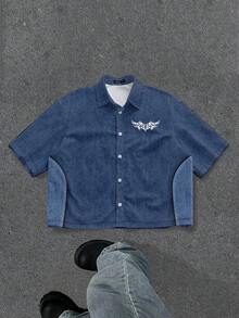 Manfinity ZONE917 Áo sơ mi tay ngắn dáng rộng ZONE917 màu trắng bạc, họa tiết giả denim chắp vá, kiểu Gothic, quà tặng Gothic cho bạn trai. - Nhiều màu - Xem 5