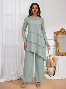 SHEIN Lady Women's Contrast Lace Round Neck Long Sleeve Asymmetric Ruffle Hem Top And Pants Elegant 2-Piece Set - Green - View 4