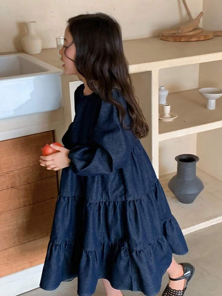 Young Girl' Washed Round Neck Loose Denim Dress, Korean Style