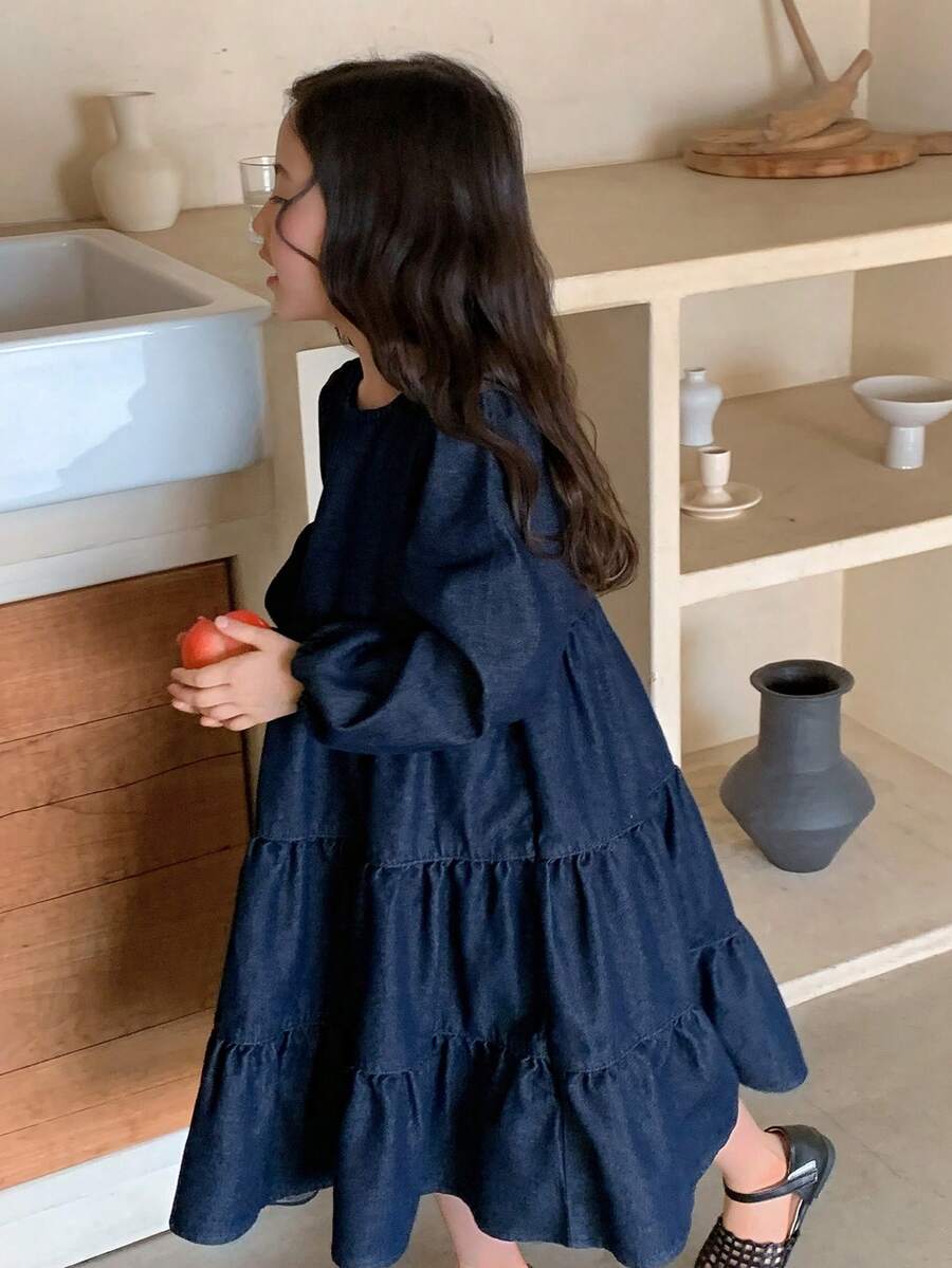 DAZY 韩版少女水洗圆领宽松牛仔连衣裙 - 藍色 - 查看 1