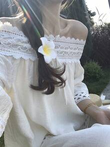 DAZY 两件套女士重工蕾丝拼接露肩上衣和阔腿裤套装 波西米亚风度假装 - 杏色 - 查看 3