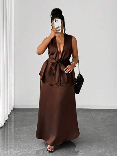 Maweii Plus Size Fashionable Casual Solid Color Korean Style Retro 2 Pieces Set