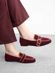CUCCOO BIZCHIC 女士春秋时尚休闲厚底乐福鞋，复古学院风帆布搭扣交叉装饰，闭趾高帮小厚跟舒适通勤办公商务鞋 - 酒紅色 - 查看 6