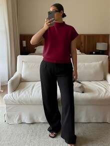 Dripcurv 女士大码酒红色优雅高领宽松休闲百搭T恤，适合秋冬季节、情人节、春季、夏季外出穿着，时尚系列 - 酒紅色 - 查看 2