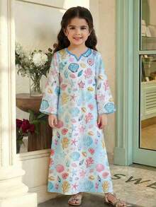Watercolor Light Blue, Mermaid Princess Shell, Starfish, Pearl Ocean Pattern Print, Kids Jalabiya, Young Girls Casual Fashion V-Neck Loose Traditional Long Sleeve Arabic Maxi Dress, Suitable For Spring/Summer Daily, Vacation, Festival, Sweet Fashion Long Sleeve Dress, Kids Prayer Abaya, Easy Comfort, Casual Wear, Modest Kaftan, Kids Jalabiya, New Style - Multicolor - View 3