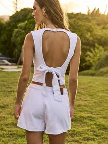 Aralina Conjunto de 2 piezas de verano para mujer con top sin espalda con cuello alto y detalle de lazo, y falda pantalón. Conjunto de dos piezas lindo para el Día de San Valentín, salir, vacaciones, estilo Y2K de Estocolmo - Blanco - Ver 2