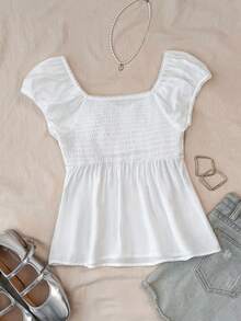 优雅纯白色休闲简约舒适露背短袖衬衫，适合夏季、度假、休闲、居家穿着，BM风格 - 白色 - 查看 2