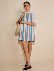 Poéselle Women's Frill Collar Patchwork Hollow Out Embroidery Puff Sleeve Striped Casual Dress - Blue and White - View 4