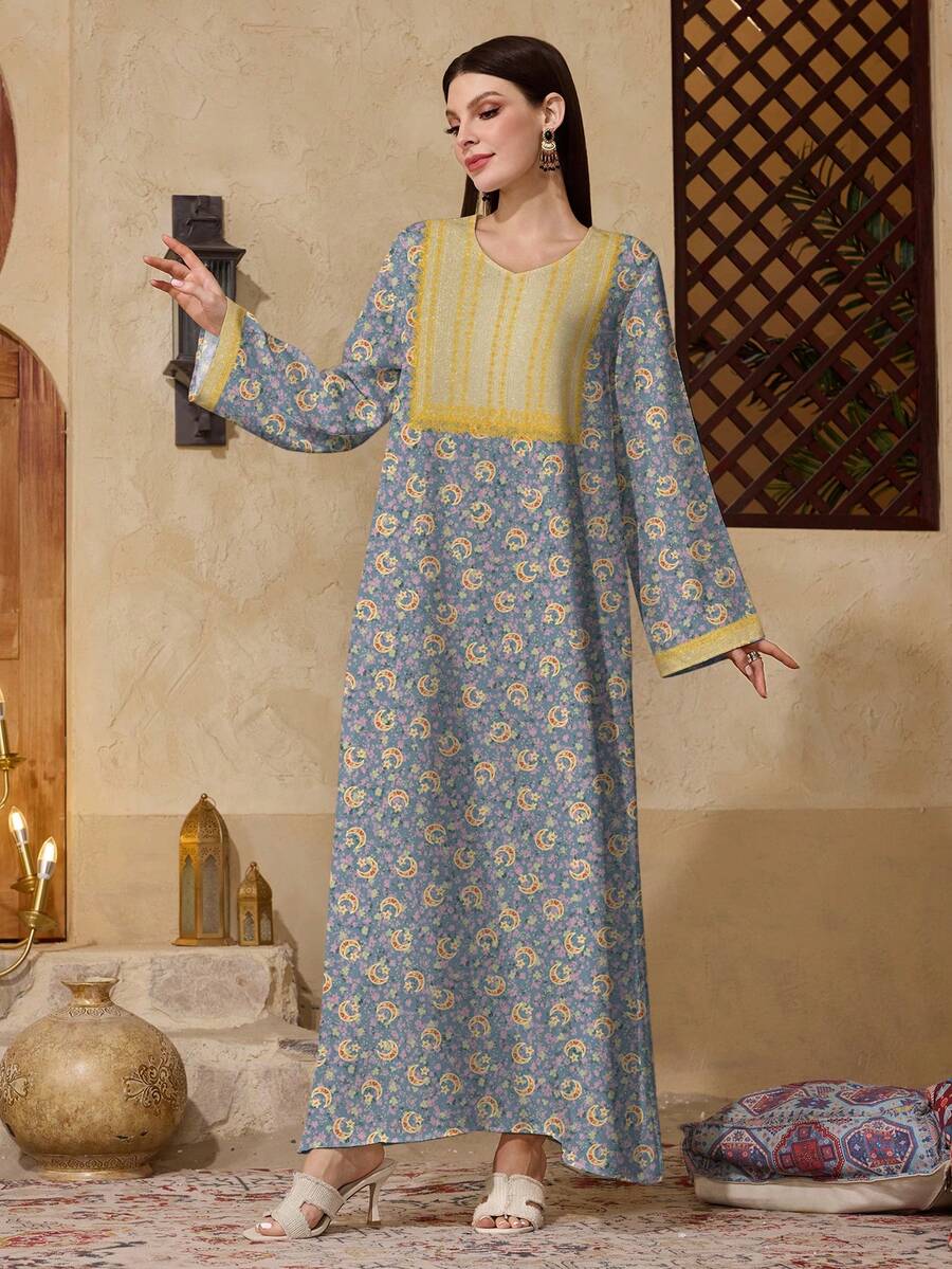 Al Najma Casual Modest Long Sleeve Arabic Style Dress - Multicolor - View 1