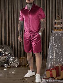 Manfinity AFTRDRK Men Velvet Shirt & Drawstring Waist Shorts Gold Shirt Menmen's Two Pieces Set - Red - View 7