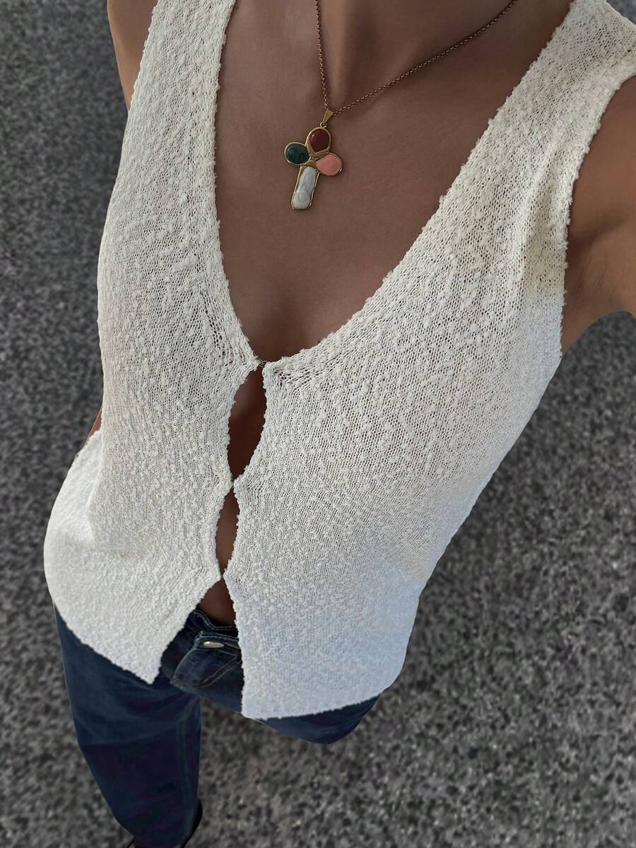 Livesso 女士宽松商务休闲无袖开衫针织衫，时尚办公着装设计，春夏款 - 白色 - 查看 1