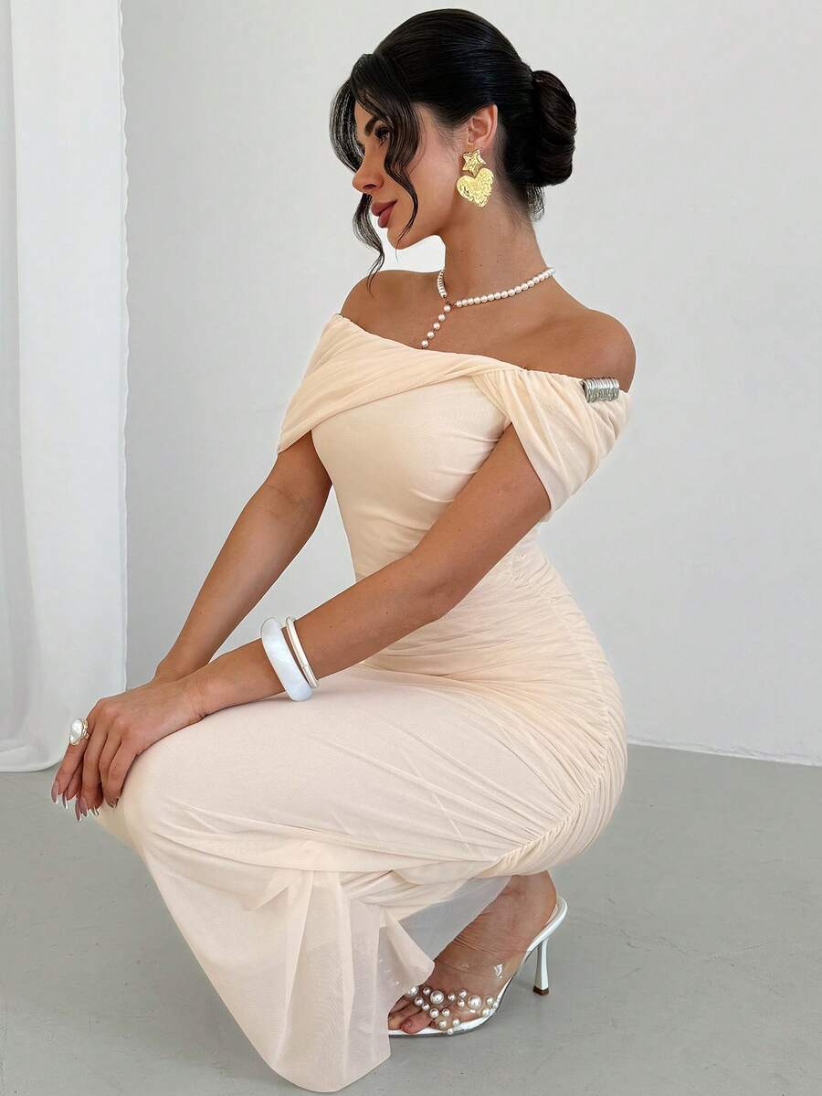 Firerie Women's Elegant Apricot Summer Off Shoulder Metal Decor Draped Mesh Sheer Bodycon Dress,Exquisite Wedding Guest Banquet Ruched Mesh Dress - Apricot - View 1